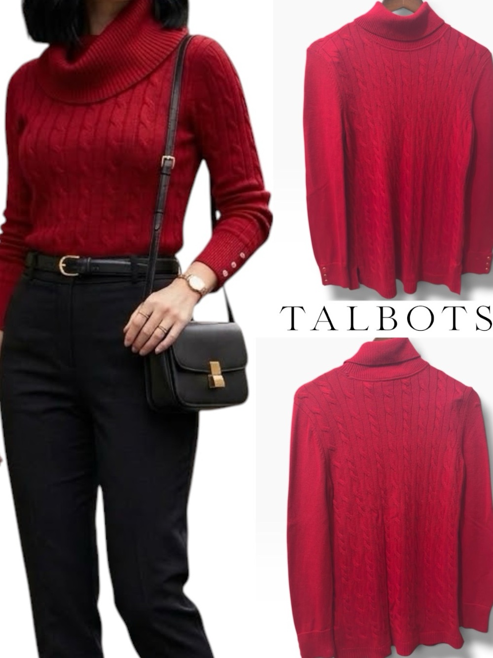 Talbots | NWOT Wool Blend Red Cable-Knit Turtleneck Sweater (Size M)